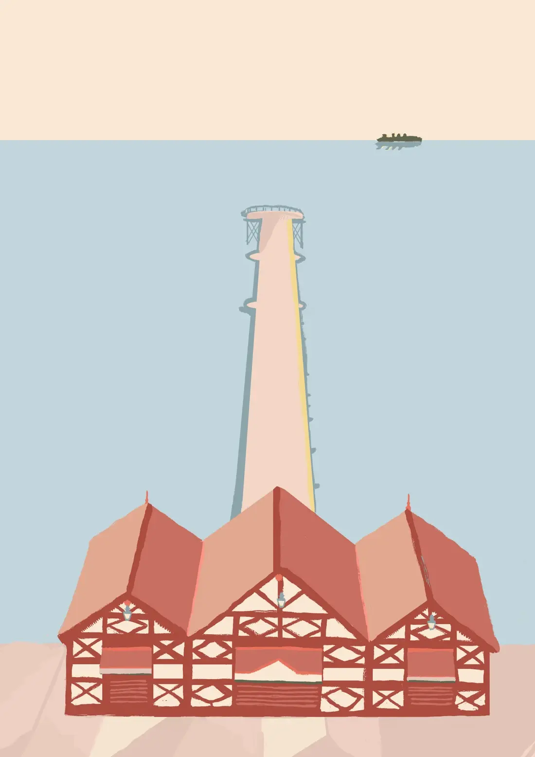 Saltburn Pier — The pavilion, the cliff lift, and a ship on the horizon.