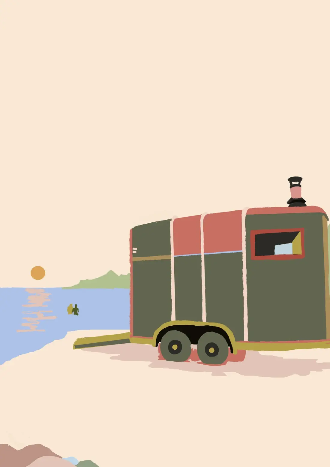 Sauna at Sunrise — A horsebox, a low sun, and two swimmers cooling off.