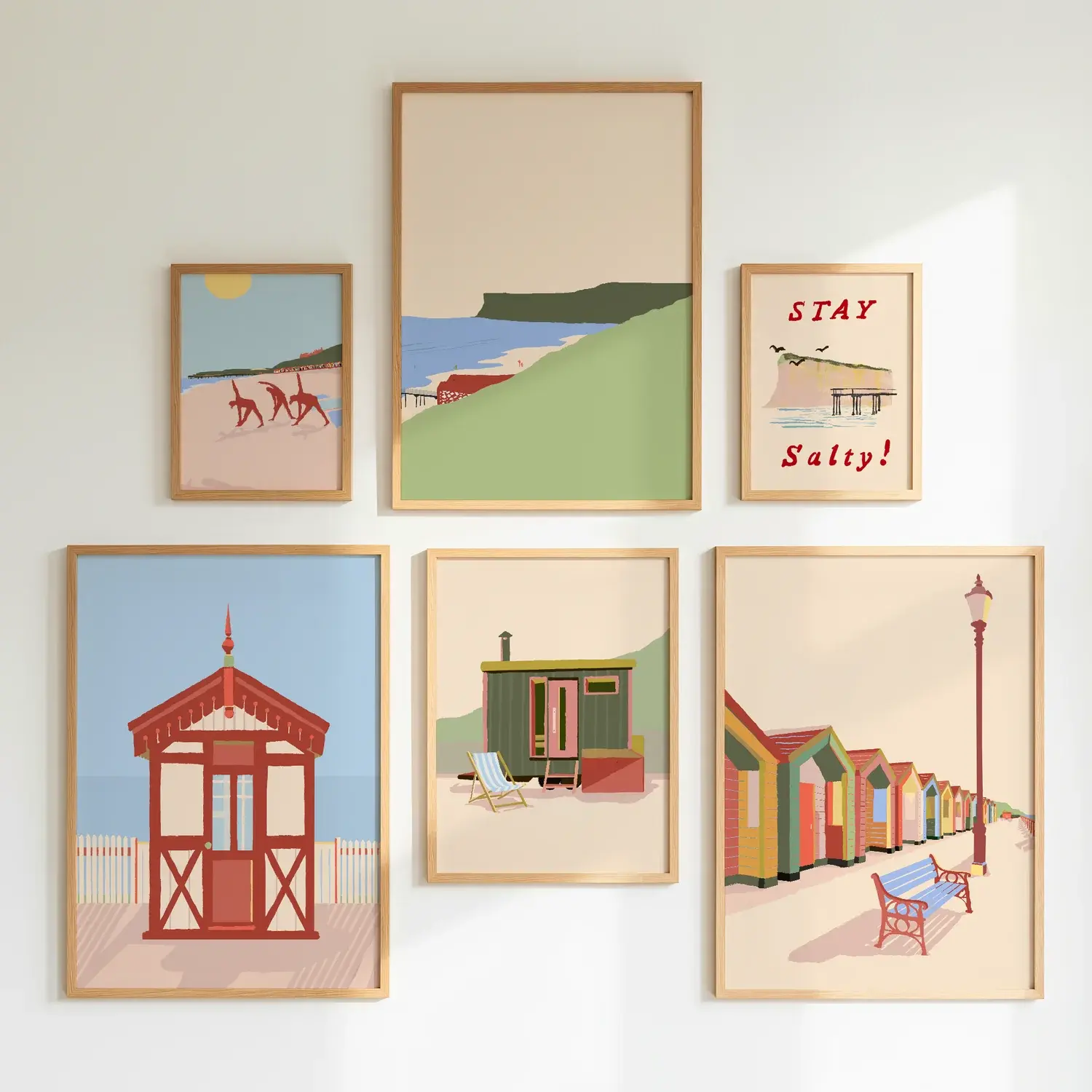A grid of six, framed in oak